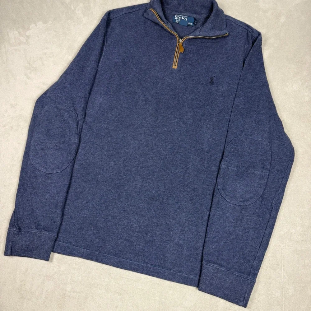 90s Mens Polo Ralph Lauren Elbow Patch Quarter Zip Pullover Blue Large
